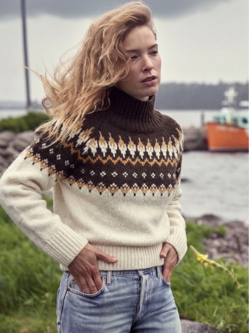 H&M 2025 NWT Fair Isle Knit Turtleneck Sweater Brown Cream XS OVERSIZED Wool